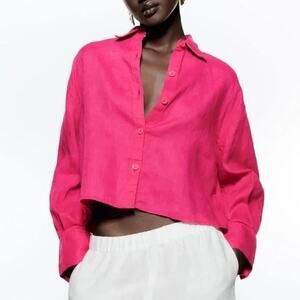 ZARA CROPPED BUTTON DOWN LINEN SHIRT Fuchsia Hot Pink Long Sleeve